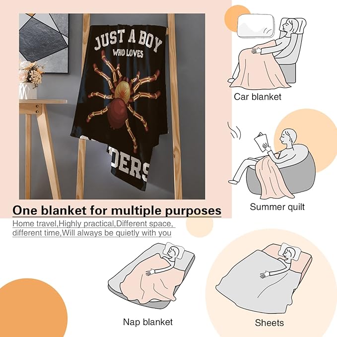 Just A Boy Who Loves Spiders Blanket Lightweight Cozy Flannel Fleece Throw Blanket Best Gift Home Decor for Bed Couch Outdoor Camping 50"x40" S for Kids