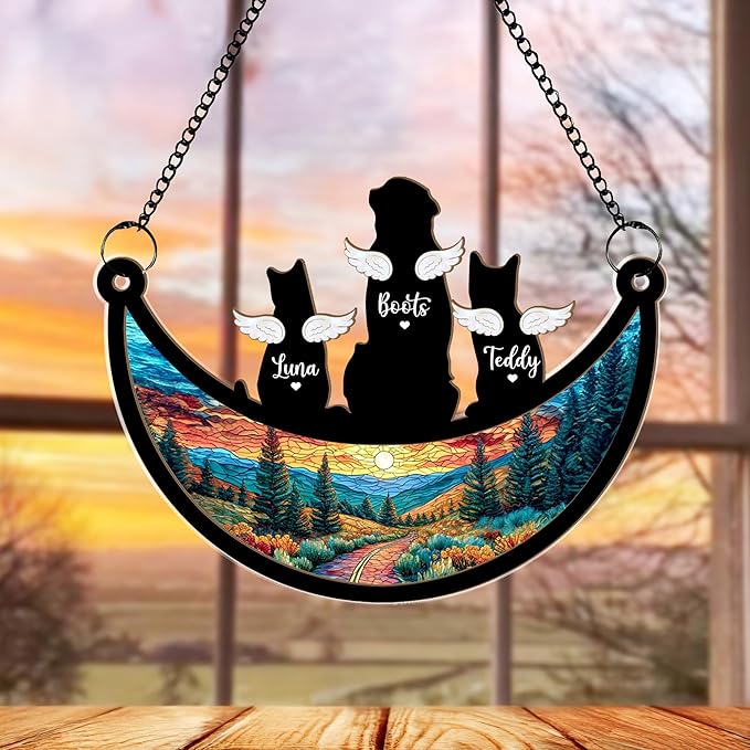 Personalized Pet Memorial Suncatcher – Custom Dog & Cat Suncatcher with Name & Breed, Pet Loss Sympathy Gift, Memorial Keepsake for Dog & Cat Lovers (Up to 3 Pets)