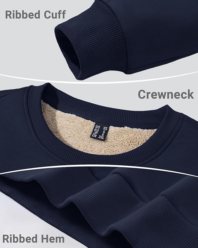 Boladeci Men's Full Sherpa Lined Crewneck Sweatshirts Heavy-weight Fleece Pullover Thick Thermal Long Sleeve Cotton