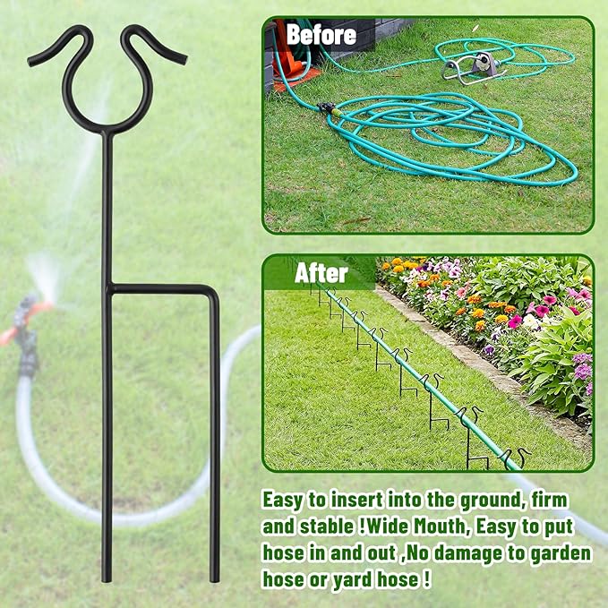6 Pack Garden Hose Guide Stakes, 14 inch Metal Hose Guides for Garden Heavy Duty Rustproof Coated Spike Keeps Water Hose Out of Flower Beds Outside Lawn & Yard Plant Protection (Black)