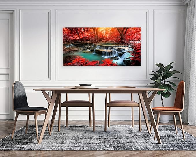 Muolunna BK03998 Wall Art Decor Canvas Print Picture Red Forest Waterfalls 1 Piece Modern Landscape Tree for Living Room Bedroom Office Home Decorations Stretched and Framed Ready to Hang