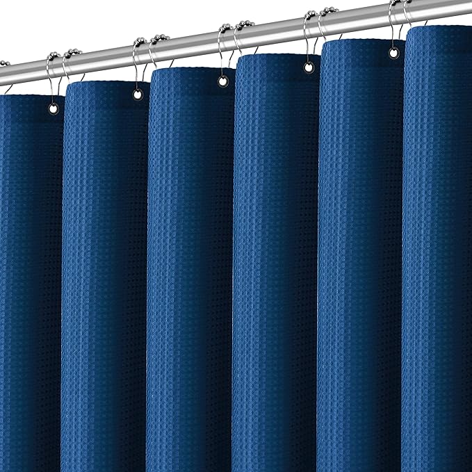 Classic Blue Shower Curtain 256GSM Heavy Duty Waffle Woven Bathroom Shower Curtains, Weighted Fabric Shower Curtains for Hotel Spa Luxury Polyester Bath Curtain with 12 Hooks, 72Wx72H