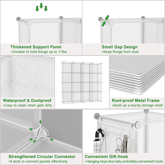 C&AHOME Cube Storage Organizer, 16-Cube Shelves Units, Plastic Storage Cubes, DIY Closet Organizer, Modular Closet Storage Shelf Ideal for Home, 48.4" L × 12.4" W × 48.4" H Transparent Twill UPCS16T