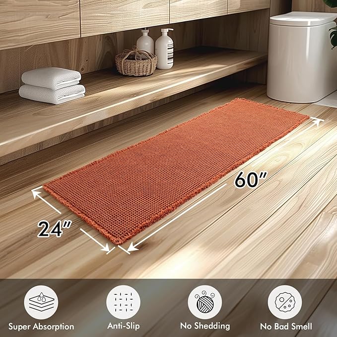 MIULEE Orange Set of 2 Waffle Bathroom Runner Rugs, Boho Bath Rug Non Slip Washable, Super Absorbent Runner Bath Mats, Rubber Backed Shower Mat for Hallway Bedroom Laundry Room, 2'x5'(24x60 Inch)