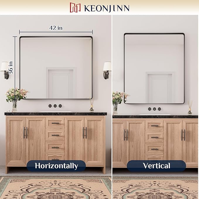 Keonjinn Black Bathroom Mirror for Over Sink, 42 x 36 Inch Large Rounded