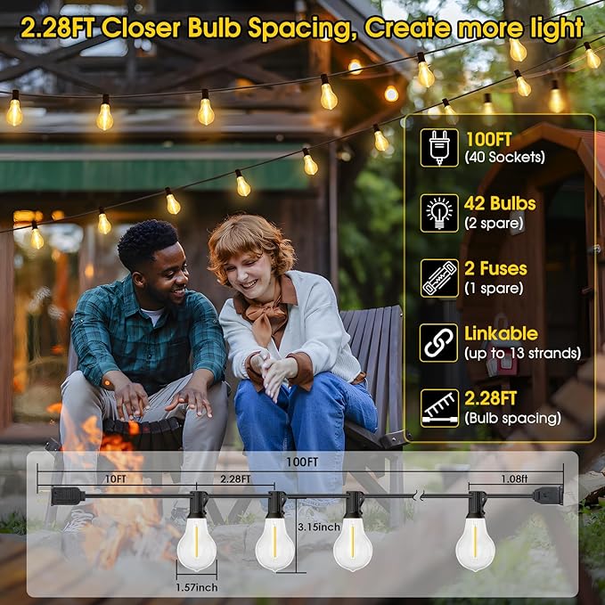 100FT LED Outdoor String Lights, Waterproof Patio Lights with 42 Shatterproof Dimmable 2700K A39 Bulbs Hanging Lighting for Outside Backyard