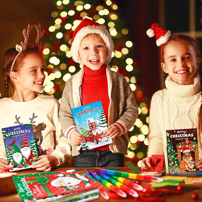 BenLouis 24 Christmas Mini Coloring Books Kids with 24 Stacking Crayons Xmas Theme Party Favors Activity Books Bulk for Kids Holiday Birthday Goodie Bag Gift Stuffer Classroom Reward