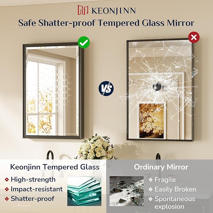 Keonjinn 42" x 36" Black Bathroom Vanity Mirror, Brushed Black Metal Framed