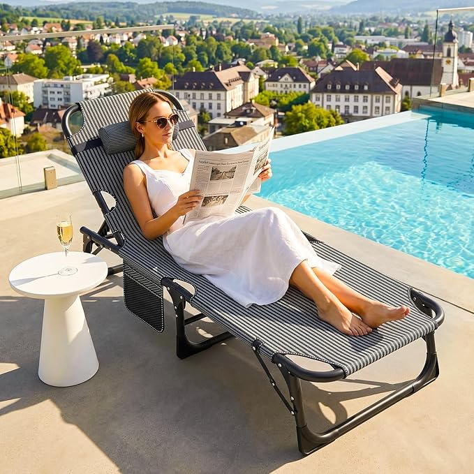 ABORON 3-in-1 Folding Patio Lounge Chair, 440LB Heavy-Duty Tri-Fold Guest Bed with Plush Cotton Cushion, No Assembly Adjustable Recliner for Office Nap, Patio Sunbathing, Poolside & Camping