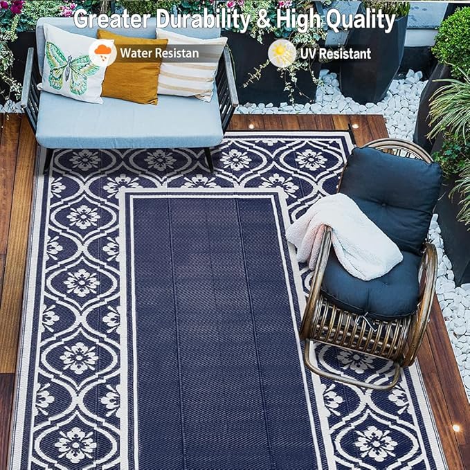 Outdoor Rug 8x10 Patio Camping Carpet Waterproof Mat Blue Outside Plastic Area Rug Reversible Rugs for RV Deck Entryance Porch Picnic Balcony Beach(8x10ft Navy Blue&White)