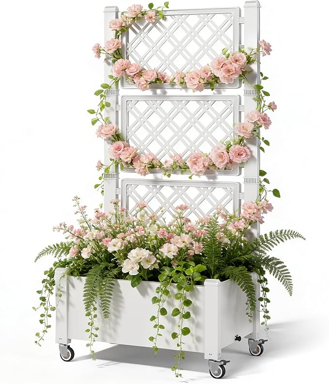 Miory 60" Raised Garden Bed with Trellis & Wheels, Vertical Gardening Planter Box with Water Level Indicator and Drainage System for Garden Outdoor Patio Balcony