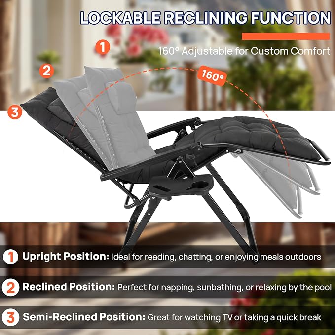 Alpen Oversized Outdoor Zero Gravity Chair, Portable Patio Recliner with Removable Pad and Adjustable Headrest, Lounge Chair with Cup Holder for Outdoor Camping Lawn Balcony, Black