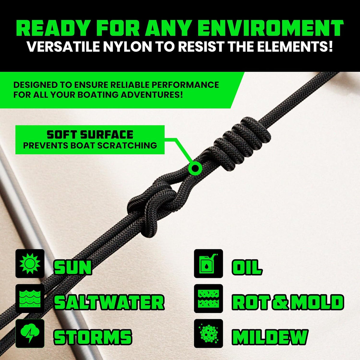Rhino USA Dock Lines - Heavy Duty 1/2" x 16' Marine Grade Rope for Boats, Kayaks & Pontoons - Black