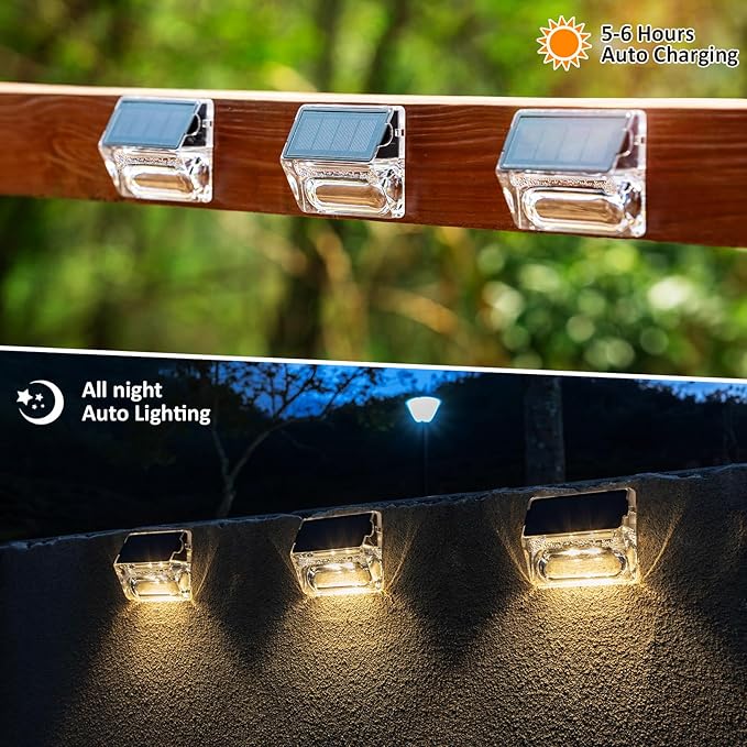 Qualdout Solar Outdoor Lights 8 Pack, Solar Fence Deck Lights, Waterproof Powered Outside Lighting for Step Railing Wall Pool Stair Yard Garden Patio Decorations