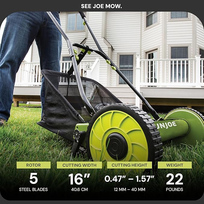 Sun Joe Lawn Mower, 16 Inch Manual Reel Push Behind Machine, Outdoor Equipment with Removable Grass Catcher and Adjustable Cutting Height