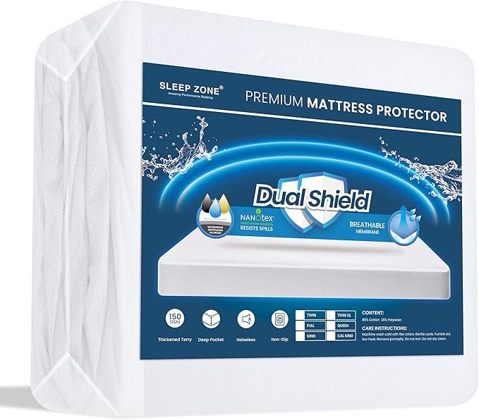 SLEEP ZONE Waterproof Mattress Protector Queen Size, Soft Breathable Cotton Terry Mattress Cover, Washable Noiseless Bed Cover Deep Pocket 8"-21", Queen