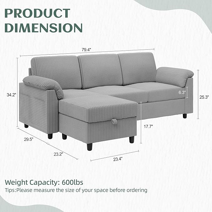 Vongrasig Convertible Sectional Couches Sofa, 3 Seat L Shaped Sofa with Removable Pillows Soft Corduroy Fabric Small Couch Mid Century for Living Room, Bed Room, Apartment and Office (Light Grey)