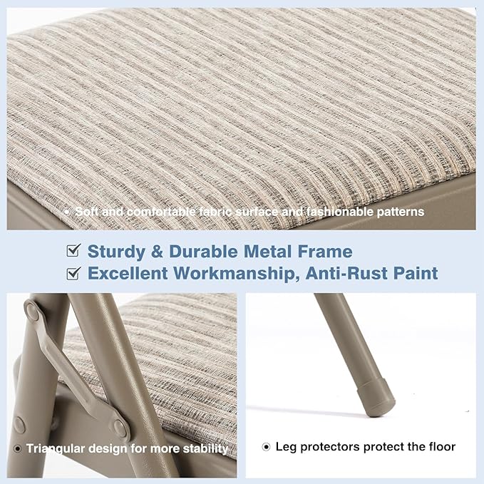 DUMOS 12 Pack Folding Chairs with Padded Cushion and Back - Fabric Stackable Portable Dining Chairs Set, for Home and Office, Conference, Wedding, Party, Patio, Garden, for Indoor Outdoor, Khaki