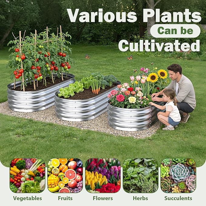 Galvanized Raised Garden Bed Outdoor, 4x2x1ft Metal Heavy Duty Planter Boxes for Gardening, Easy Assemble Bottomless Small Oval Plant Container Kit for Vegetable, Flower, Fruit, Silver, 1Pack