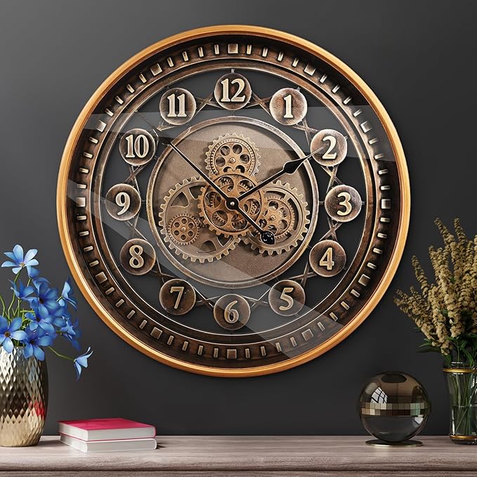 24 Inch Wall Clock with Moving Gears Large Industrial Steampunk Metal Clock