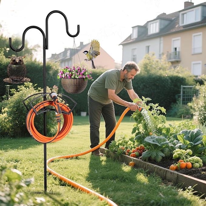 78" Heavy Duty Freestanding Garden Hose Holder, Supports 30lb & 150ft Water Hose Stand with Hose Reel, 5 Ground Spikes & 2 Shepherd Hooks, for Hose Storage, Hanging Bird Feeders, Planters