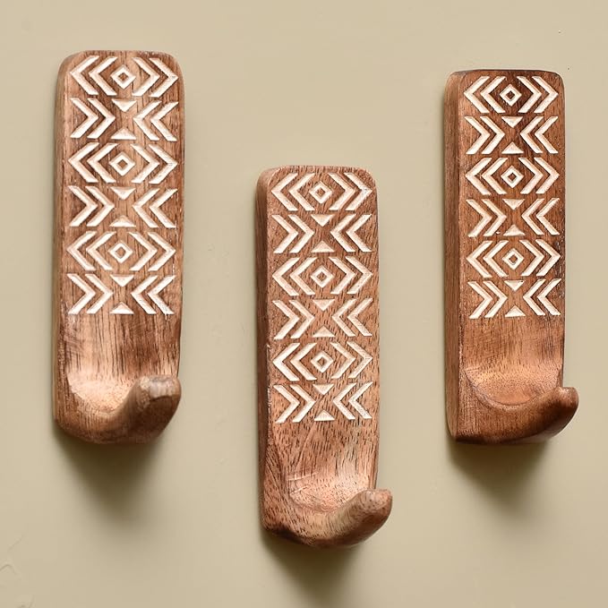 IndianShelf 10 LB- 12 Pieces Decorative Wood Adhesive Wall Hooks–Boho Peel and