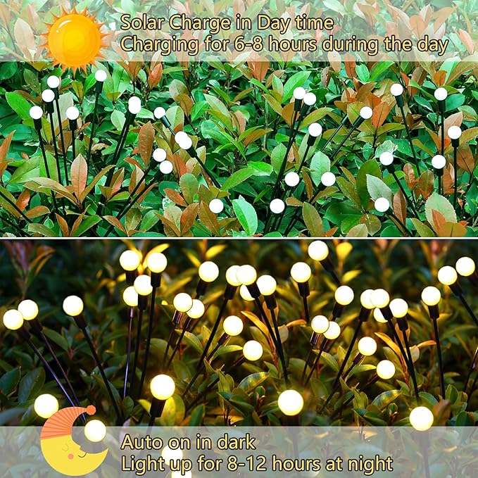 Solar Garden Lights Outdoor, 6 Pack 60 LED Solar Firefly Lights Waterproof, Sway by Wind, Swaying Light for Yard Patio Backyard Garden Planter Flower Bed Pathway Outdoor Decoration (Warm White)