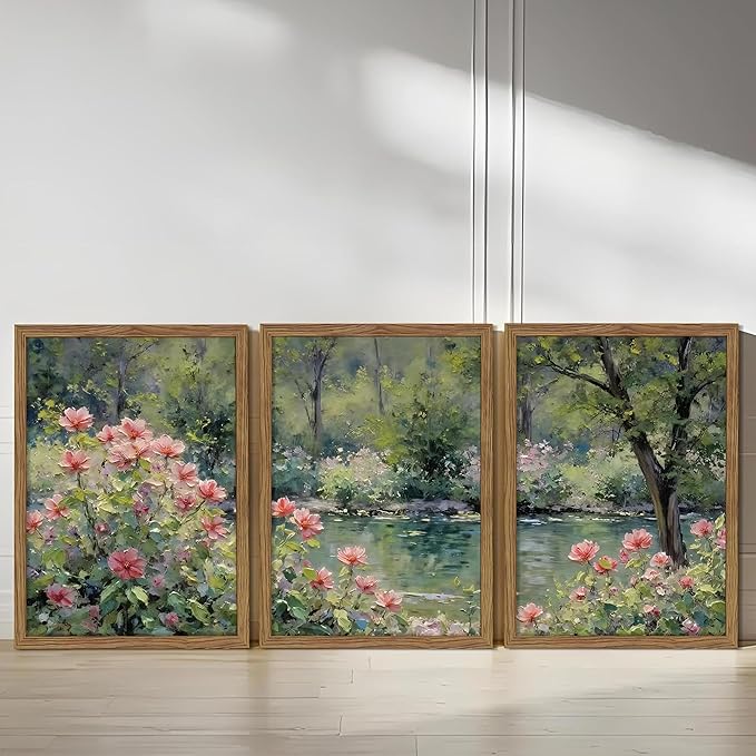 Framed Monet Wall Art Set of 3, Impressionist Botanical Floral Canvas Wall Decor