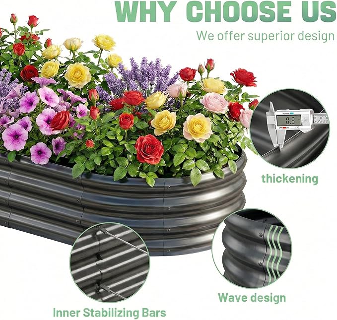 AHEONLAR 3 Pack 6×3×1ft Galvanized Raised Garden Bed, Oval Durable Planter Boxes Outdoor for Vegetables, Fruits, Flowers and Plants, Quick Assembly, Grey