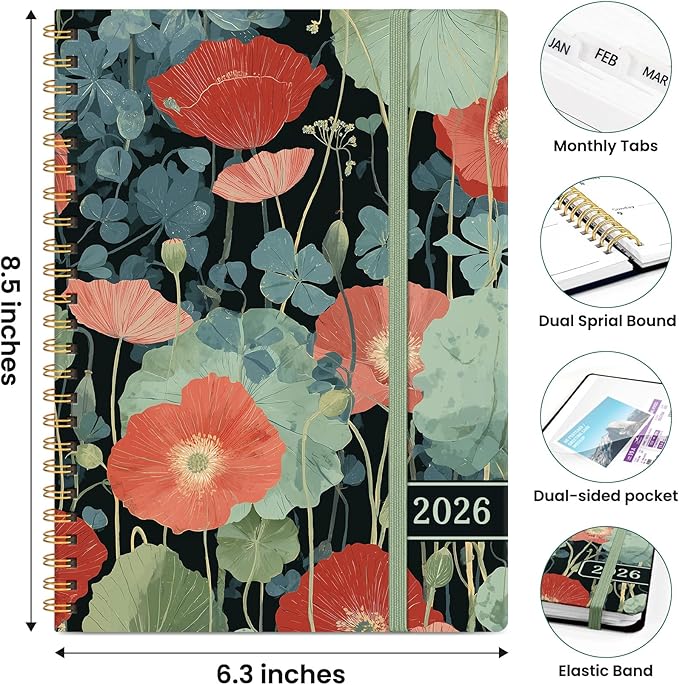 2026 Planner, Weekly and Monthly Planner for Women, Jan 2026 - Dec 2026 Pretty 2026 Calendar Planner with Monthly Tabs, Inner Pocket, Spiral Binding, Perfect for Office Home School - 6.3" x 8.5", Poppy Garden