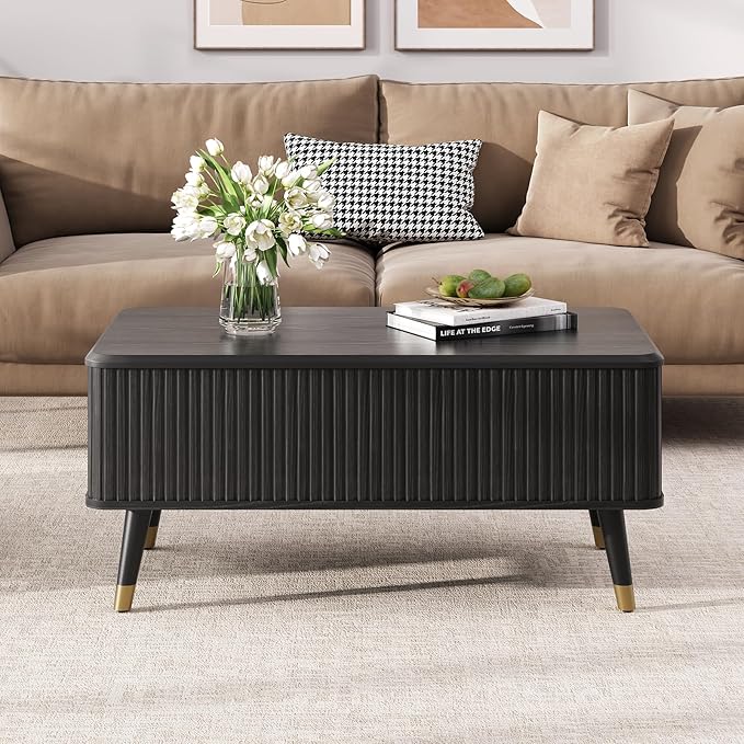 Lift Top Coffee Table with Storage,Mid Century Modern Coffee Table,Fluted Wood Rectangle Center Table for Living Room,Home Office,Black