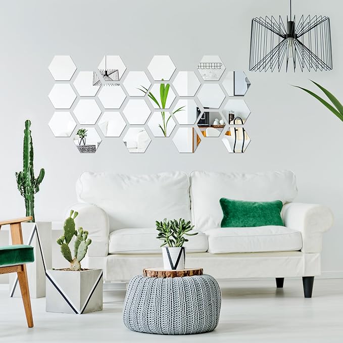 Shappy 32 Pcs Hexagon Mirror Wall Stickers Removable Silver Acrylic Mirror