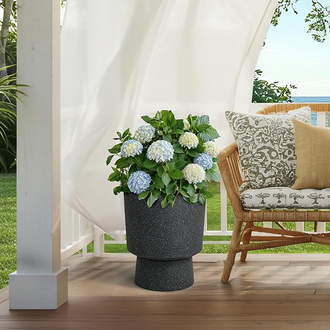 16.8" Large Planters Set of 2 Modern Pedestal Plant Pots with Drainage Hole, Durable Plastic Flower Pots w/Terrazzo Finish, Weather-Resistant for Garden Patio Balcony Home Outdoor Indoor Decor