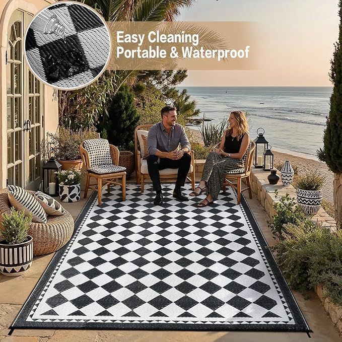 HUGEAR Outdoor Waterproof Rug 9'x12' Plastic Straw Rugs Washable Reversible Floor Mat Black/White Plaid Carpet for Camping RV Deck Entryance Porch Picnic Balcony Beach Backyard