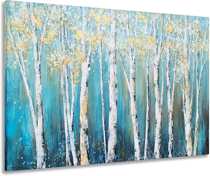 Yihui Arts Birch Tree Canvas Wall Art Hand Painted Teal and White Color Painting