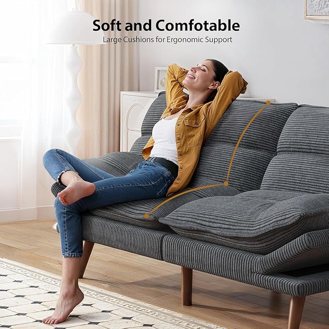 Pipishell Futon Sofa Bed, Convertible Futon Adjustable Backrest & Armrests, Corduroy Sleeper Couch for Small Spaces, Living Room, Office, Guest Room (Asphalt Grey, 66 Inch)
