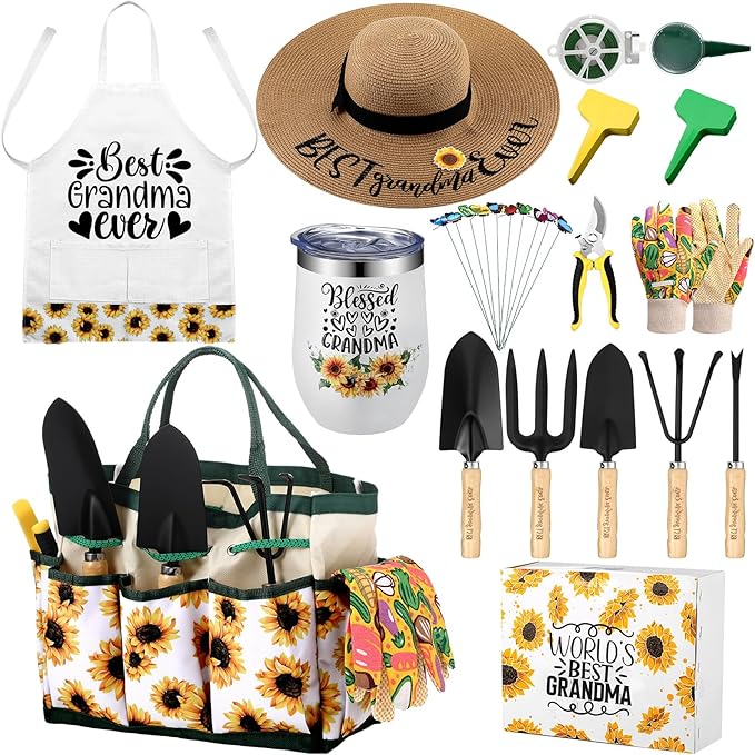 Lasnten 16 Pcs Mothers Day Garden Gift for Grandma Women Garden Tools Sunflower Birthday Gardening Supplies from Grandson Gloves Apron Insulation Cup Fork Trowel Tote Bags for Plant Lover Present