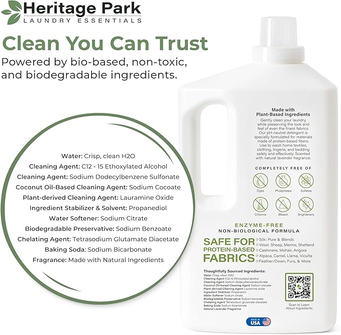 Heritage Park Silk & Wool All-Natural Lavender Mist Scent, pH-Neutral Laundry Detergent - Enzyme-Free, Concentrated Up to 128 loads (64 fl oz)