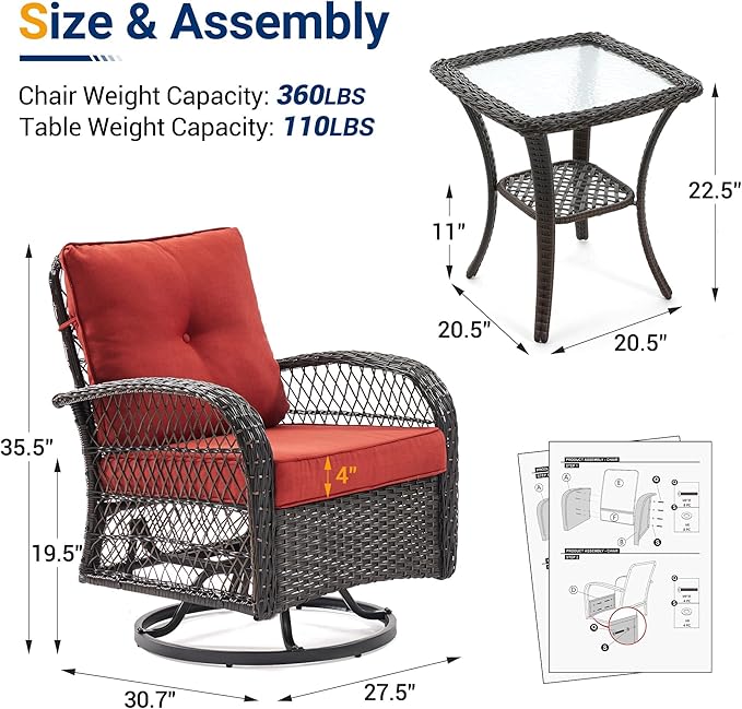 UDPATIO 3 Pieces Patio Furniture Set, Outdoor Swivel Rocker Patio Chairs Set of 2, All-Weather PE Wicker Glider Chairs with Thick Cushions and Glass Coffee Table，for Porch Deck Backyard Red