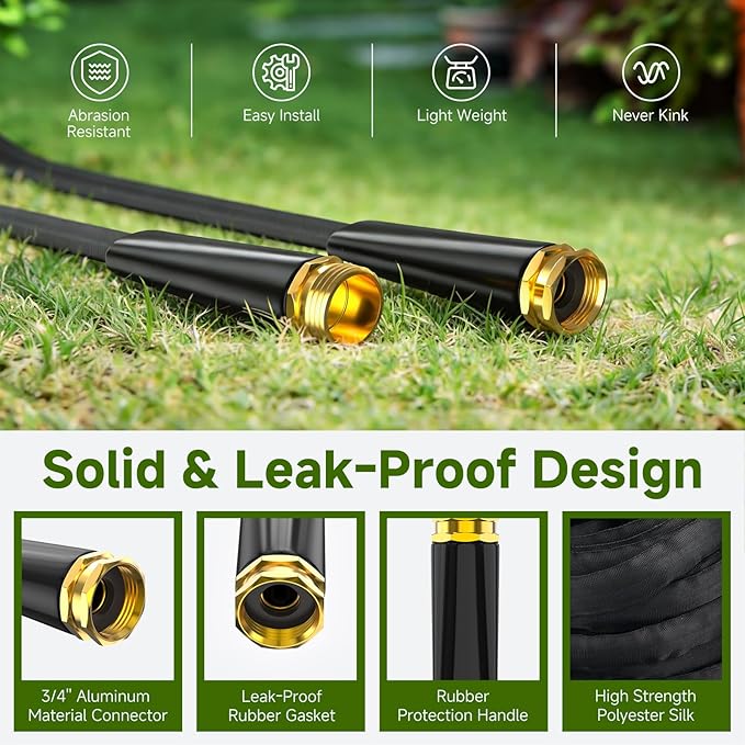 Garden Hose 25 FT, Non-Expanding Lightweight High-Pressure Water Hose with 10 Spray Nozzle, Portable No Kink Flexible Garden Hoses Pipe for Outdoor, Lawn, Yard, Car, House(500 PSI Max, 3/4" GHT)