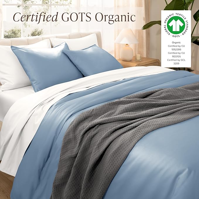 Bare Home 100% Organic Cotton Sateen Duvet Cover Set - Full/Queen Size - 400 Thread Count - Smooth Sateen Weave - Warm & Luxurious - Duvet Cover (Full/Queen, Dusty Blue)