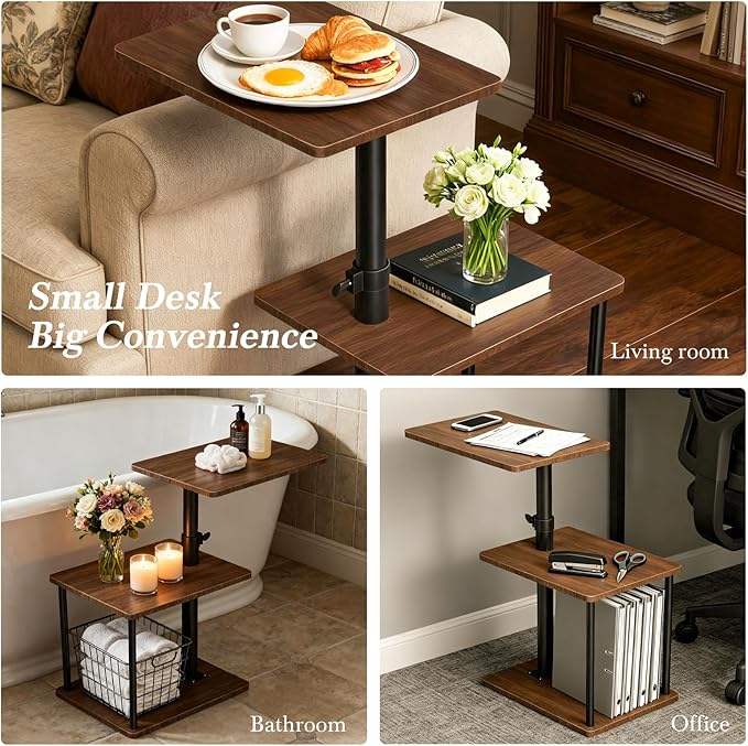 Swivel Side Table for Couch Arm, Height Adjustable C Shaped End Table for Recliner or Bed, Tv Trays with Storage Shelf for Small Spaces- Small Nightstand for Living Room, Bedroom