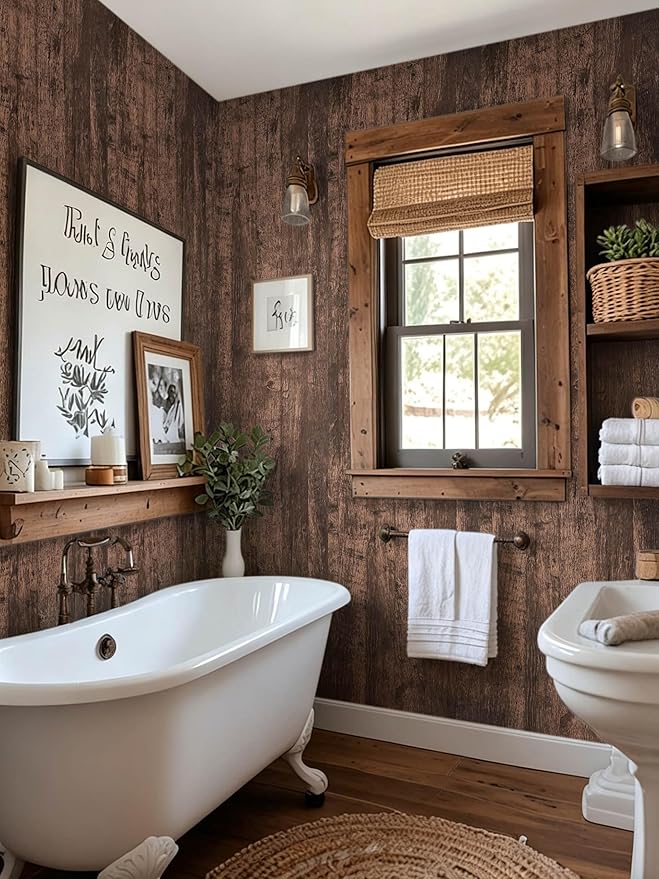 Dimoon 470''x17.7 Dark Brown Wood Peel and Stick Wallpaper Wood Contact Paper