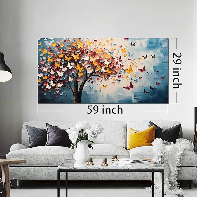 Butterfly Tree Canvas Wall Art for Living Room Bedroom Home Office Blue Colorful Tree of Life Wall Art Modern Large Framed Canvas Prints Size 29x59