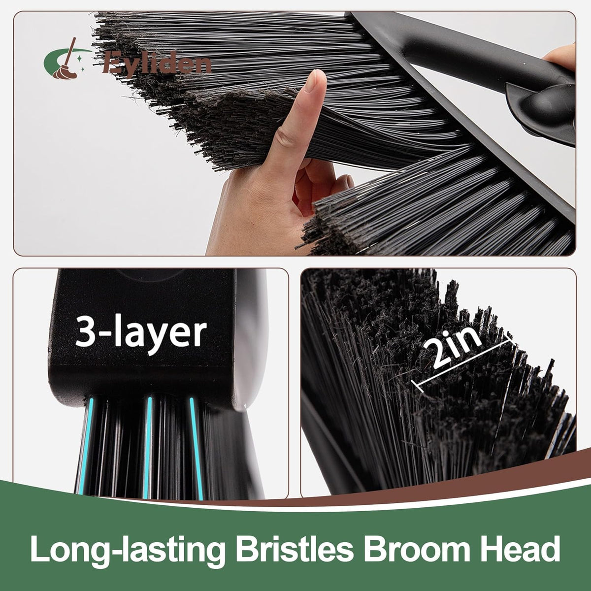 Eyliden Broom, Angle Broom with 57" Long Handle - Fit Heavy-Duty Cleaning, Also Works Well Fine Dust - Commercial Outdoor Indoor Sweeper for Courtyard, Sidewalk, Deck, Kitchen, Lobby, Garage, Black