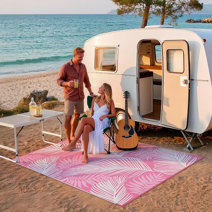 Pauwer Waterproof Outdoor Rug 6x9, Reversible Plastic Straw Patio Camping Rug, Indoor Outdoor RV Mat Carpet for Deck, Camper, Porch, Balcony, Backyard, Picnic, Leaf Pink