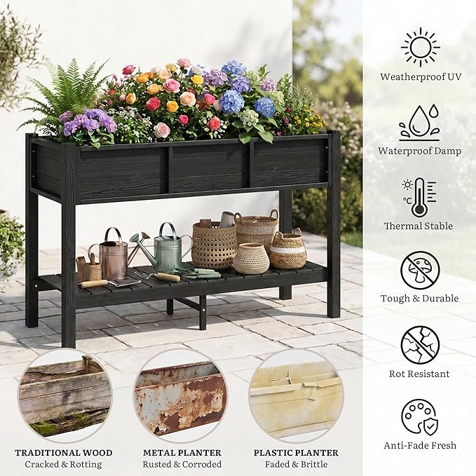 YITAHOME 48x18x30in Raised Garden Bed HDPE, Weather-Resistant Poly Lumber Planter Box with Legs & Storage Shelf, Elevated Garden Bed for Yard, Garden, Balcony - Black