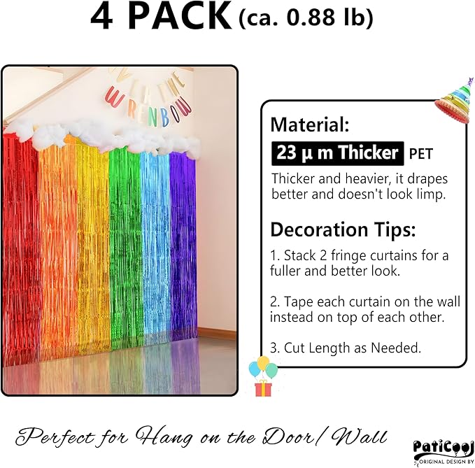 Rainbow Birthday Party Decorations, Rainbow Streamers Tinsel Foil Fringe Curtains - Thicken 2 Pack 3.2 x 8.2 FT - Photo Booth Props Backdrops for Fiesta, Mexican, Pride, Baby Shower Decorations