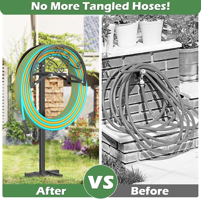 OLV Garden Hose Holder, Heavy Duty Metal Outdoor Water Hose Holder Freestanding Stake with 4 Spikes Holds 150-ft Pipe, Detachable Decorative Hose Stand Hanger Rack for Outside Yard Lawn Farm