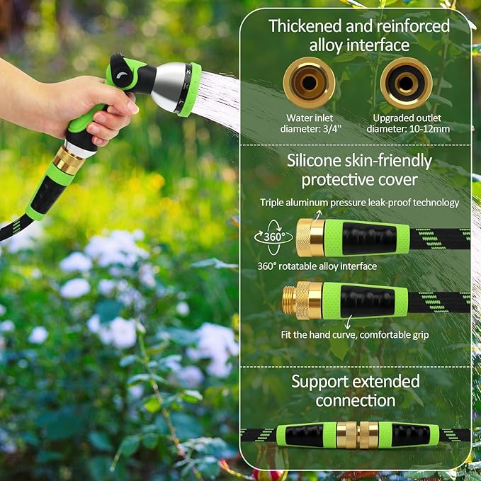 Garden Hose Non-Expanding 100ft, Flexible Water Hose with 10 Function Spray Nozzle, Lightweight, Kink Free,Leak Proof Water Hose for Outdoor,Yard, Lawn, Car Wash, Pet,RV (100FT)